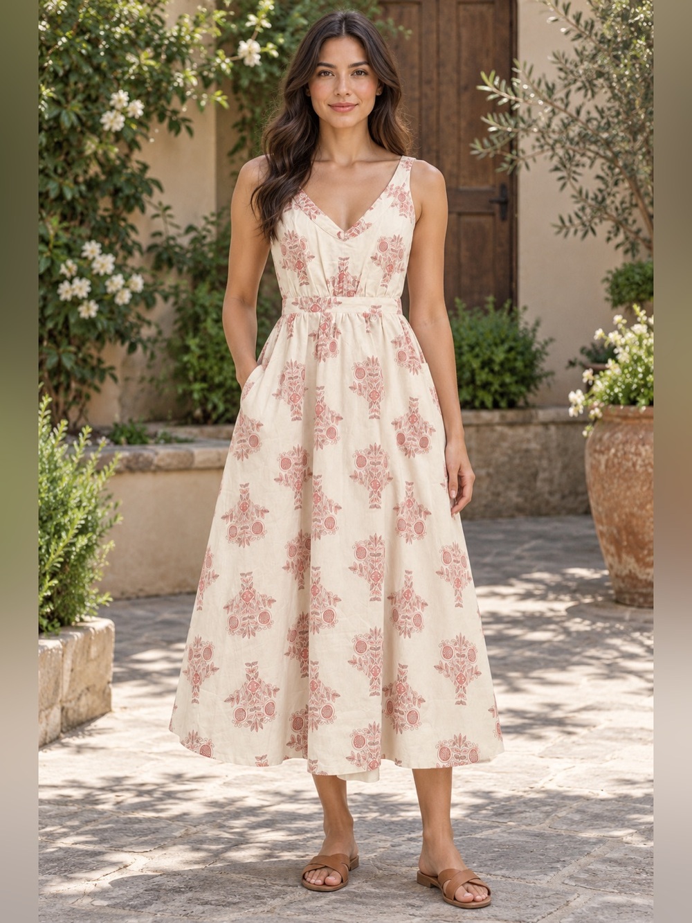Pamela Love XS Cotton Floral Print Midi Dress Tie Back Pockets Cream Pink NWOT